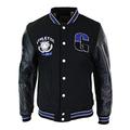 Mens Baseball Varsity Letterman College Fleece Jacket Badge PU Leather Sleeves - Black - Blue, S