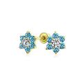 Tiny Aqua Blue CZ Flower Stud Earrings For Women For Teen Cubic Zirconia Simulated Aquamarine Real Gold Screw back