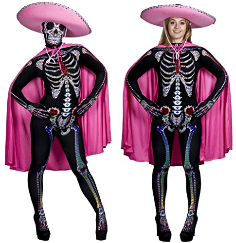 ILOVEFANCYDRESS WOMEN'S DAY OF THE DEAD COSTUME - LADIES HALLOWEEN SUGAR SKELETON CATSUIT WITH PINK CAPE & SOMBRERO - SUGAR SKULL SKIN SUIT FANCY DRESS SKINSUIT SIZE S/M (UK 6-10)