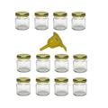 Viva Haushaltswaren - 12 x Mini Einmachglas 53 ml mit goldfarbenem Deckel, runde Glasdosen als Marmeladengläser, Gewürzdosen, Gastgeschenk etc. verwendbar (inkl. Trichter Ø 12,3 cm)