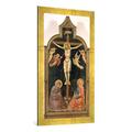 Gerahmtes Bild von Jacopo di Cione Orcagna "Christus am Kreuz mit Maria, Johannes dem Evangelisten und vier Engeln", Kunstdruck im hochwertigen handgefertigten Bilder-Rahmen, 50x100 cm, Gold raya