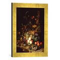 Gerahmtes Bild von Rachel Ruysch Stilleben mit Blumen, Früchten und Insekten, Kunstdruck im hochwertigen handgefertigten Bilder-Rahmen, 30x40 cm, Gold raya