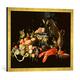 Gerahmtes Bild von Jan Davidsz. de Heem Stilleben mit Früchten und Hummer, Kunstdruck im hochwertigen handgefertigten Bilder-Rahmen, 70x50 cm, Gold raya