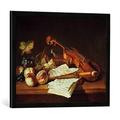 Gerahmtes Bild von Jean-Baptiste Oudry "Stilleben mit Violine und Blockflöte", Kunstdruck im hochwertigen handgefertigten Bilder-Rahmen, 70x50 cm, Schwarz matt