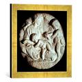 Gerahmtes Bild von Michelangelo Buonarroti "Tondo Taddei, circular stone sculptured panel by Michelangelo Buonarroti (1475-1564)", Kunstdruck im hochwertigen handgefertigten Bilder-Rahmen, 30x40 cm, Gold raya
