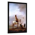 Gerahmtes Bild von Philips Wouwermans or Wouwerman "Gentleman on a Horse Watching a Falconer", Kunstdruck im hochwertigen handgefertigten Bilder-Rahmen, 70x100 cm, Schwarz matt