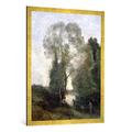 Gerahmtes Bild von Jean-Baptiste-Camille Corot "Les Baigneuses", Kunstdruck im hochwertigen handgefertigten Bilder-Rahmen, 70x100 cm, Gold raya