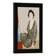 Gerahmtes Bild von Goyo Hashiguchi "Eine Schönheit in einem schwarzen Kimono mit weißem Hanabishi Muster vor einem Spiegel sitzend. Dai oban tate-e", Kunstdruck im hochwertigen handgefertigten Bilder-Rahmen, 30x40 cm, Schwarz matt