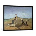 Gerahmtes Bild von Jean-Baptiste Camille Corot "Bretonische Frauen am Brunnen", Kunstdruck im hochwertigen handgefertigten Bilder-Rahmen, 100x70 cm, Schwarz matt