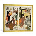 Gerahmtes Bild von Kitagawa Utamaro Zwei Szenen aus der Serie 'Loyal League': Alltag in einem Haushalt der Edo-Zeit, Kunstdruck im hochwertigen handgefertigten Bilder-Rahmen, 70x50 cm, Gold Raya