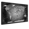 LANA KK - Weltkarte Leinwandbild mit Korkrückwand zum pinnen der Reiseziele – „Worldmap Black and White” - italienisch - Kunstdruck-Pinnwand Globus in schwarz, einteilig & fertig gerahmt in 120x80cm