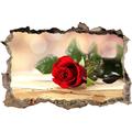 Pixxprint 3D_WD_S2062_92x62 prächtige rote Rose auf Holztisch Wanddurchbruch 3D Wandtattoo, Vinyl, bunt, 92 x 62 x 0,02 cm