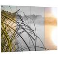Pixxprint wild wachsendes Schneidegras am See schwarz/weiß, MDF-Holzbild im Bretterlook Format: 80x60cm, Wanddekoration