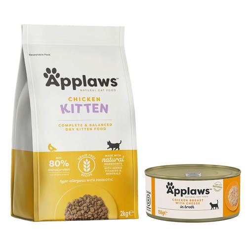 2 kg Applaws Kitten Katzentrockenfutter + 6 x 156 g Applaws Katzennassfutter, Huhn & Käse