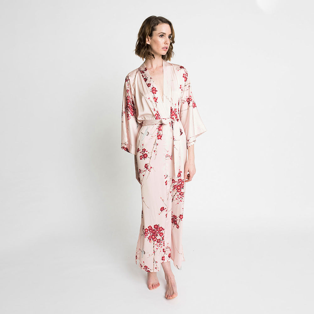 KIM+ONO Kimono Robe | Cherry Blossom & Crane Long Kimono Robe | Polyester Charmeuse | Rose Quartz | Long