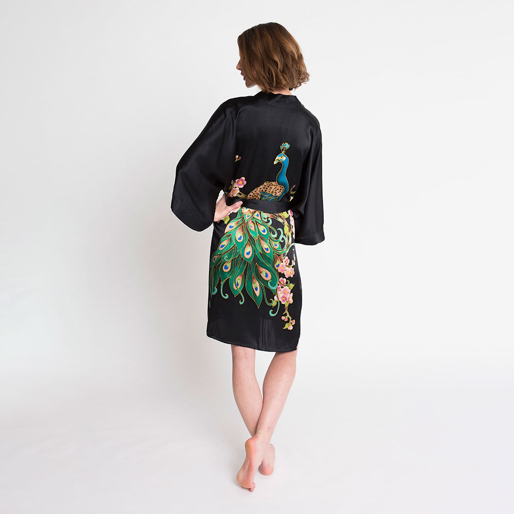 KIM+ONO Kimono Robe | Silk Handpainted Peacock Short Kimono Robe | Silk | Black | Short