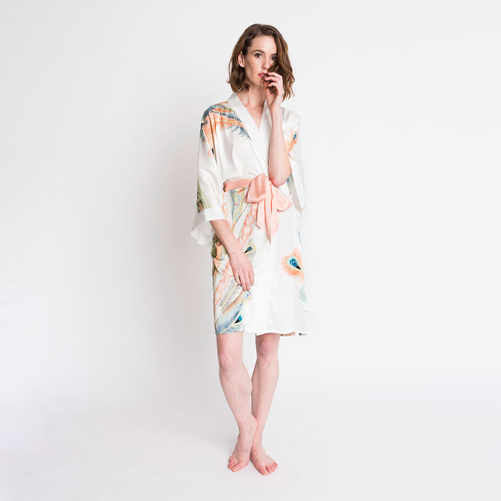 KIM+ONO Kimono Robe | Peacock Feather Short Kimono Robe | Polyester Charmeuse | White | Short