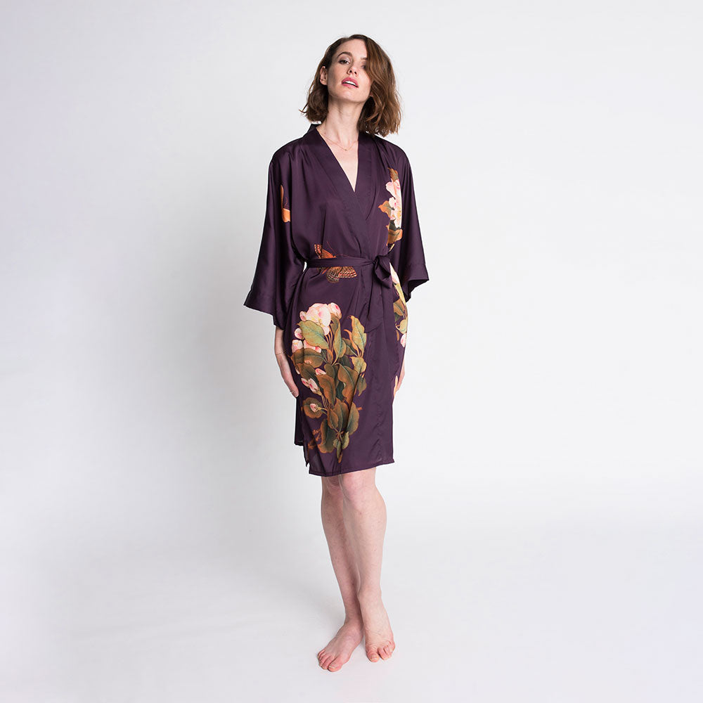 KIM+ONO Kimono Robe | Peony & Butterfly Short Kimono Robe | Polyester Charmeuse | Plum | Short