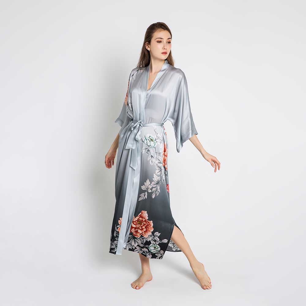 KIM+ONO Kimono Robe | Silk Botan Long Kimono Robe | Silk | Sea | Long