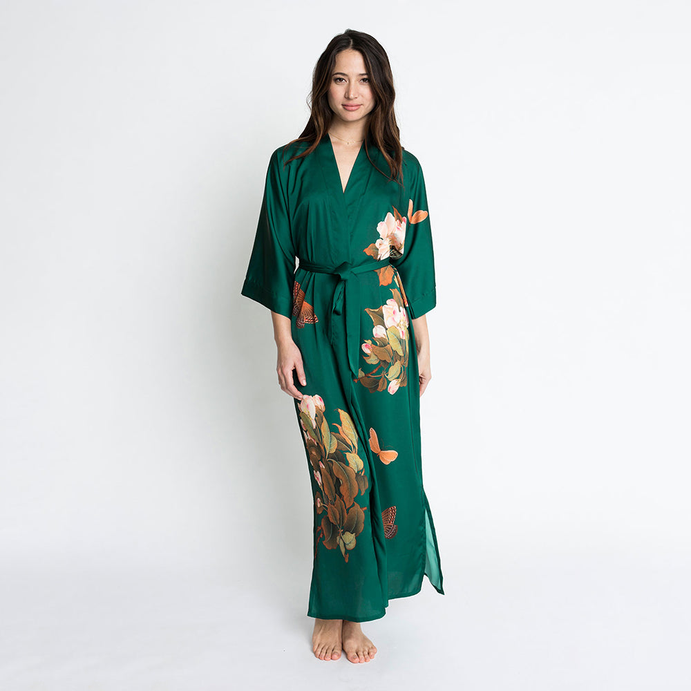 KIM+ONO Kimono Robe | Peony & Butterfly Long Kimono Robe | Polyester Charmeuse | Emerald | Long
