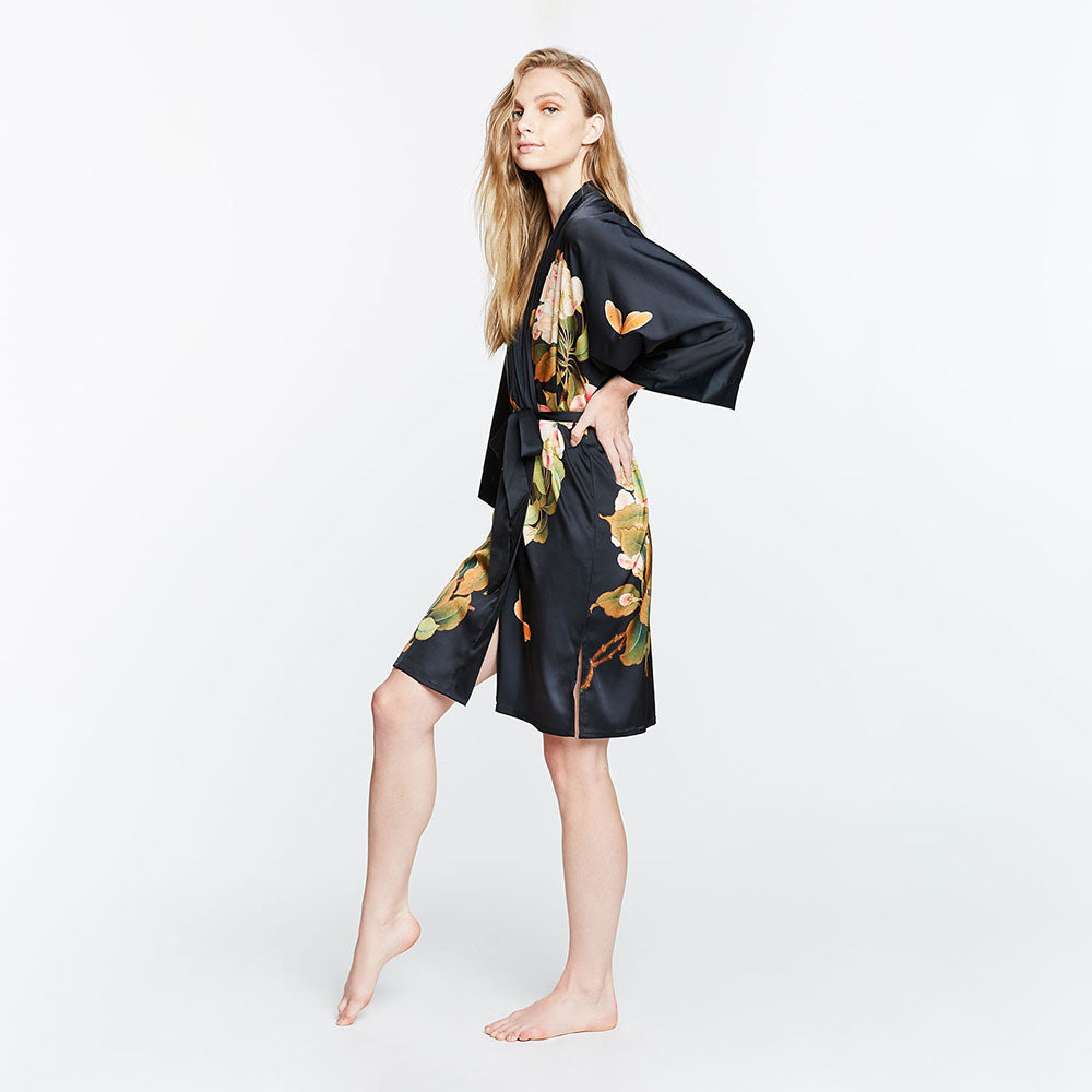 KIM+ONO Kimono Robe | Peony & Butterfly Short Kimono Robe | Polyester Charmeuse | Black | Short