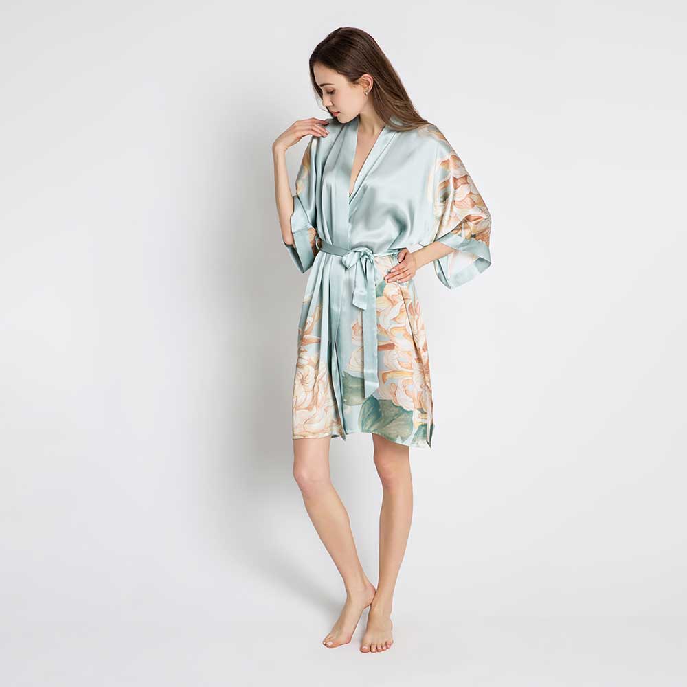 KIM+ONO Kimono Robe | Silk Kiku Short Kimono Robe | Silk | Misty Jade | Short