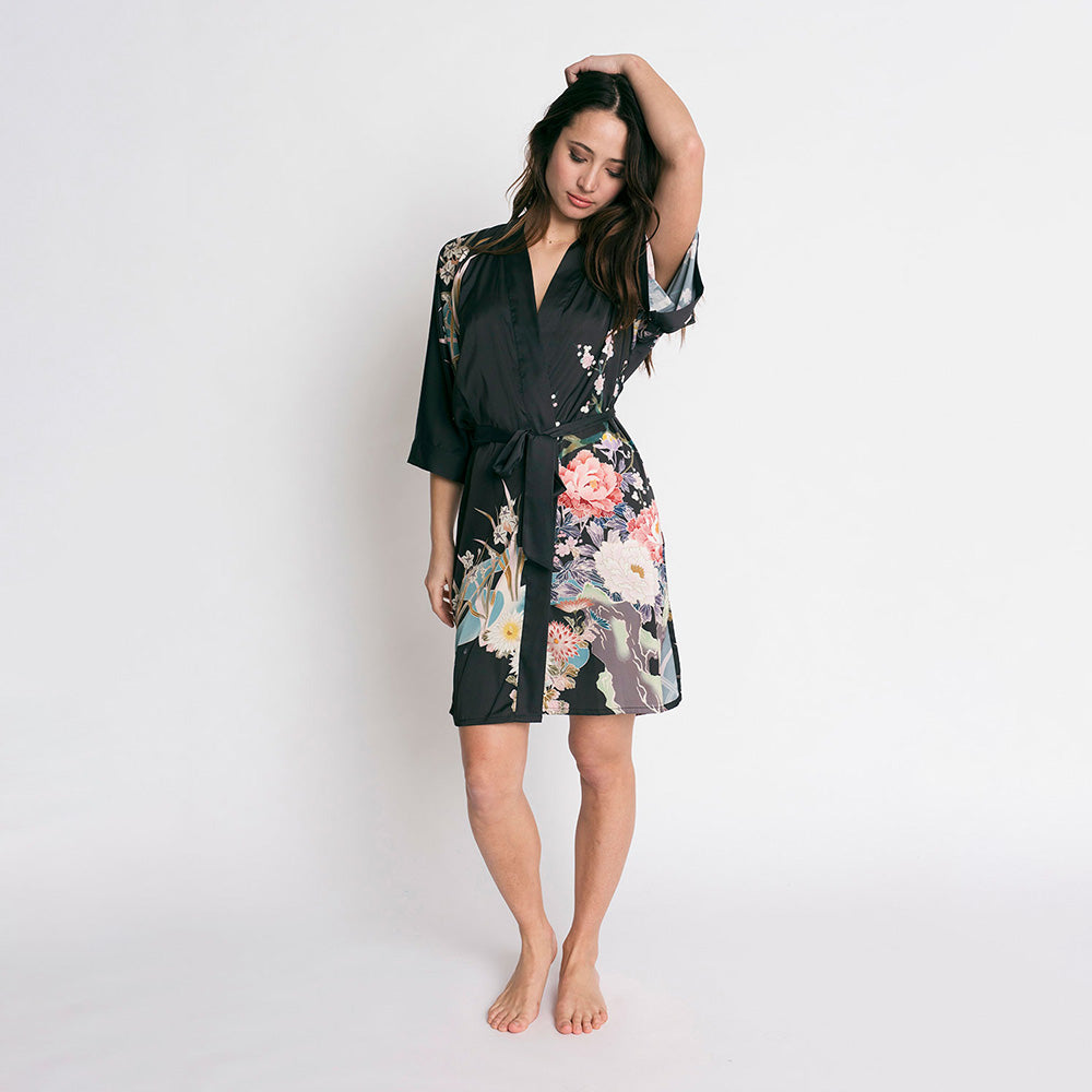 KIM+ONO Kimono Robe | Spring Floral Short Kimono Robe | Polyester Charmeuse | Black | Short