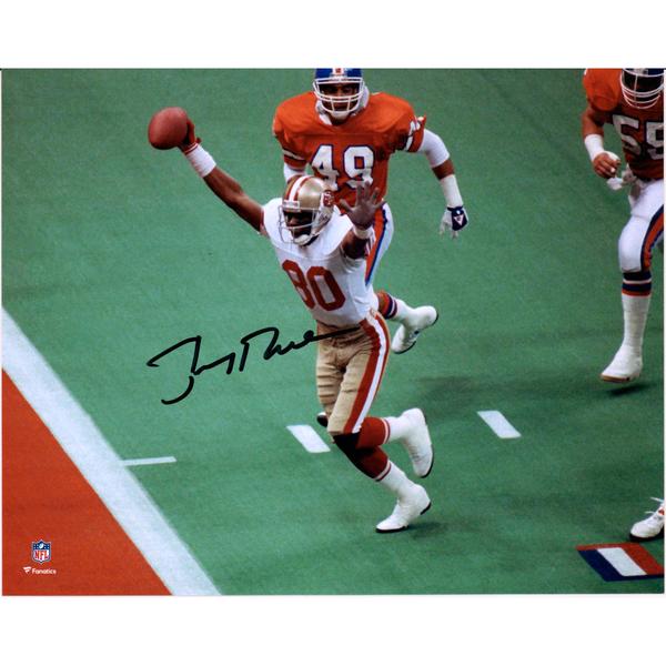 jerry-rice-san-francisco-49ers-autographed-8"-x-10"-hands-up-vs.-broncos-photograph/