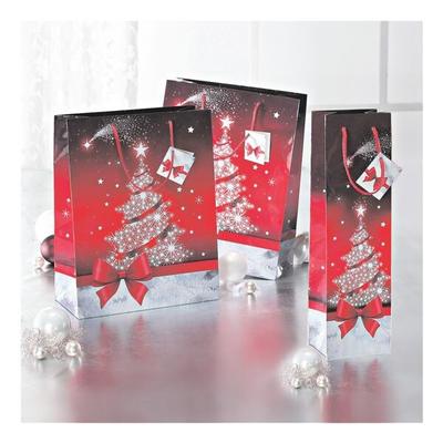 5 Flaschen-Geschenktaschen mit Weihnachtsmotiv rot, Sigel, 10x35x8 cm