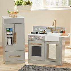 Teamson Kids Little Chef Charlotte Modern Modular Interactive Wooden Play Kitchen with Refrigerator, Stove and Sink in Grey with Gold Accents