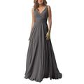 Leader of the Beauty Chiffon A Line Double V Neck Bridesmaid Dress Long Wedding Evening Dress Grey UK 6