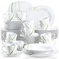 VEWEET 'Aviva' 60-Piece Dinner Set Ivory White and Green Lines Ceramic Porcelain Combination Sets with 12-Piece Dessert Plate 12-Piece Soup Plate 12-Piece Dinner Plate 12-Piece Cup 12-Piece Saucer