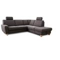 Cavadore Ecksofa Wisconsin mit Vorziehsitz / Eckcouch mit Federkern in Lederoptik / Inkl. 2 Kopfstützen + Bettkasten / Landhausstil / Holzfüße in Buche / Mikrofaser / 248 x 88 x 218 cm / Dunkelgrau