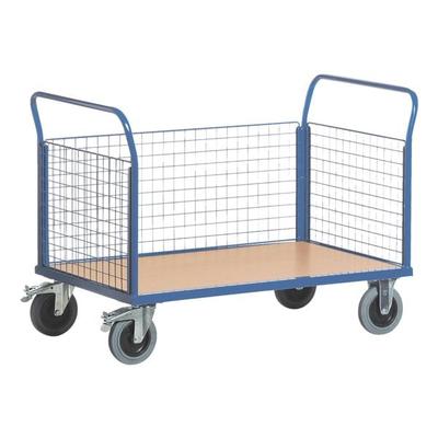 ROLLCART Gitter-Dreiwandwagen 100x68 cm Holz-Ladefläche blau, 117x99x70 cm