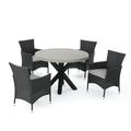 Brayden Studio® Morgan 5 Piece Outdoor Dining Set w/ Cushion Wood/Stone/Concrete/Wicker/Rattan in Black/Brown/Gray | 44 W x 44 D in | Wayfair