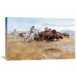 Global Gallery 'Buffalo Hunt' by Charles M. Russell Painting Print on Wrapped Canvas in Black/Blue/Brown | 13.8 H x 22 W x 1.5 D in | Wayfair