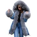 Roiii Women Winter Warm Thick Faux Fur Coat Hood Parka Long Jacket Size 8-20 (12,Denim Grey)