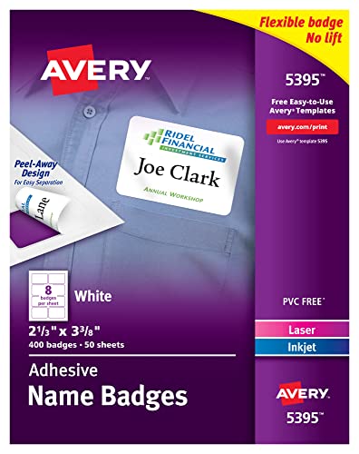 "AVERY Flexible Name Tag Stickers, White Rectangle Labels, 400 Removable Name Badges, 2-1/3"" x 3-3/8"" (5395)"