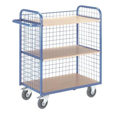 ROLLCART Etagenwagen mit 3 Gitterwänden 80x49 cm Holz-Ladefläche blau, 98x107x50 cm