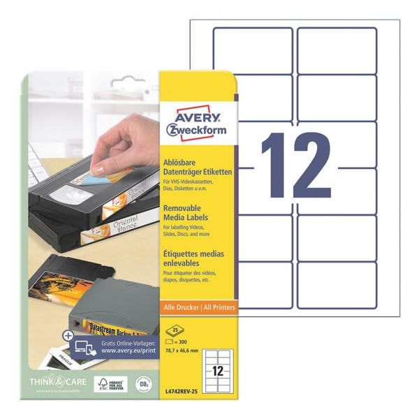 Avery Zweckform 300er-Pack Video-Etiketten »L4742REV-25« weiß