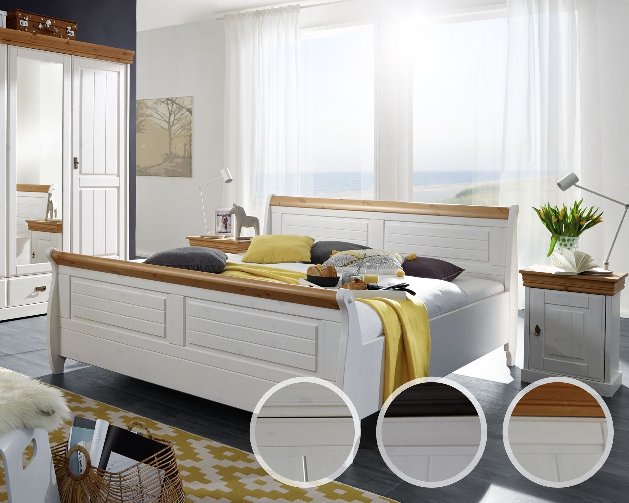 3S Frankenmöbel »Country« Massivholz Bett SZ-0132 / 180x200 cm / Weiss / ohne Bettkasten