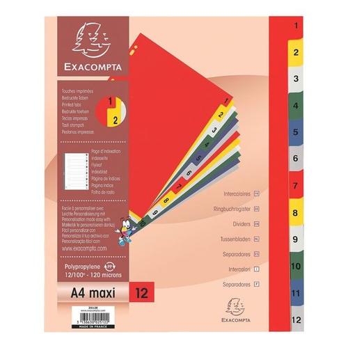 Kunststoffregister »2512E« 1-12 A4 Maxi mehrfarbig, EXACOMPTA, 24.5×29.7 cm