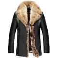 WS668 Mens Winter Leather Warm Coats Luxurious Fur Collar Faux Fur Lining Long Jacket Windproof Parka (UK 3X-Large (Asia Tag 5XL), Black-Long)
