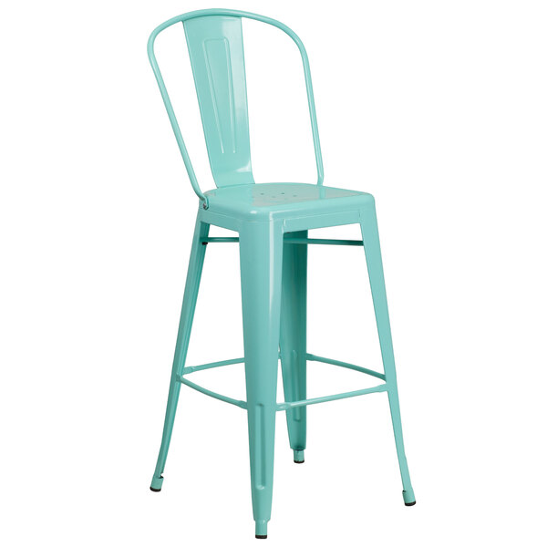 "Flash Furniture ET-3534-30-MINT-GG 30"" Green Mint Galvanized Steel Bar Height Stool with Vertical Slat Back and Drain Hole Seat"