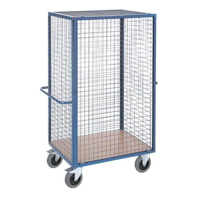 ROLLCART Gitter-Schrankwagen mit Stangenverschluss 121x80 cm Holz-Ladefläche blau, 138.5x180x85 cm