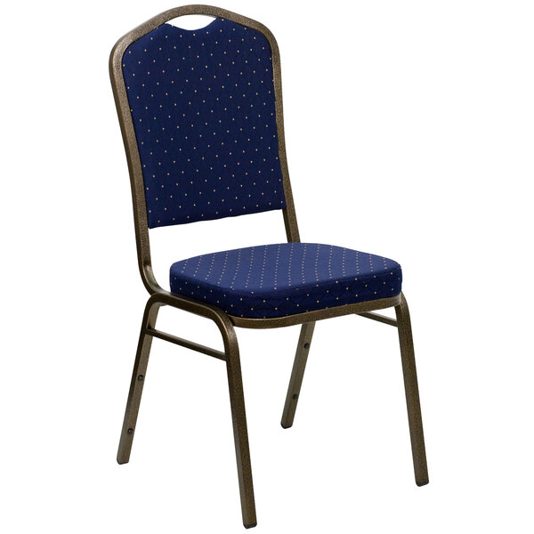Flash Furniture FD-C01-GOLDVEIN-S0810-GG Hercules Navy Blue Dotted Pattern Fabric Crown Back Stackable Banquet Chair with Gold Vein Frame