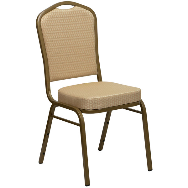 Flash Furniture FD-C01-ALLGOLD-H20124E-GG Hercules Beige Diamond Fabric Crown Back Stackable Banquet Chair with Gold Frame