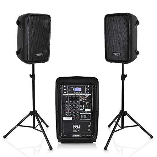 "PA Speaker DJ Mixer Bundle - 300 W Portable Wireless Bluetooth Sound System w/ USB SD XLR 1/4"" RCA Inputs - Dual Speaker, Mixer, Microphone, Stand, Cable - Home/Outdoor Party - Pyle PPHP28AMX,Black"