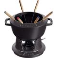 Staub Fondue Set with 6 Forks, Suitable for Cheese, Chocolate and Meat Fondue, Cast Iron, Black