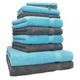 Betz 10 Piece Towel Set PREMIUM 2 Wash Mitts 16x21 cm 2 Guest Towels 30x50 cm 4 Hand Towels 50x100 cm 2 Bath Towels 70x140 cm 100% Cotton colour anthracite grey and turquoise